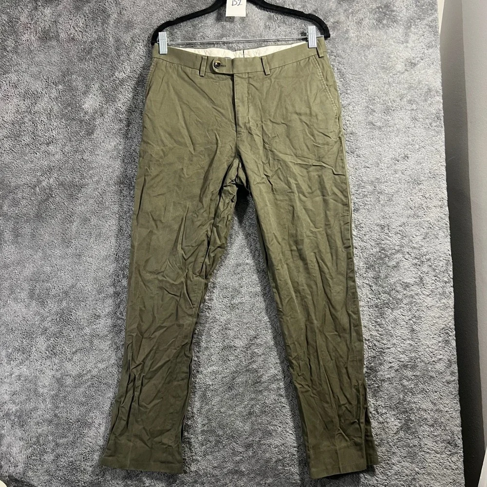 Mens Olive Green Cotton Twill Chino Pants Straight Leg Flat Front Trousers